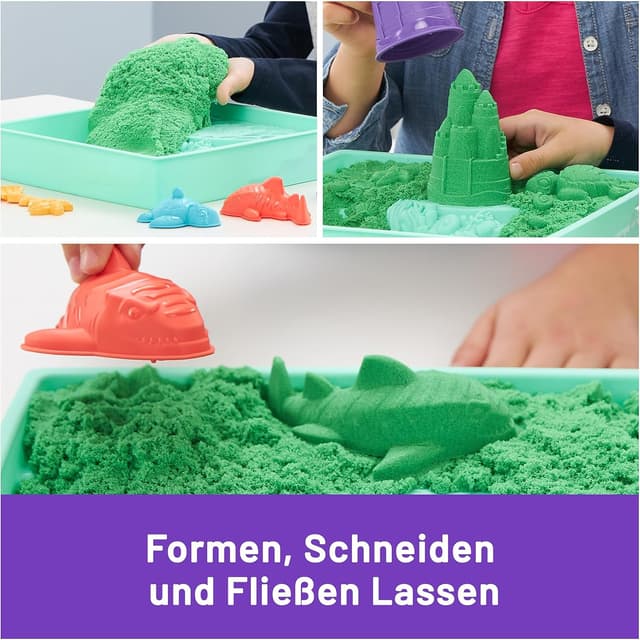 Detalle de Kinetic Sand Sandbox Set Grün mit 454 g Sand aus Schweden – 1 Sandkasten, 3 Förmchen und Schaufel für Indoor-Sandspiel ab 3 Jahren