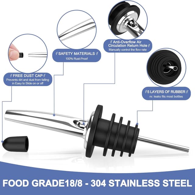 Detalle de SINLUCESCE 60-Pack Stainless Steel Pour Spouts for Liquor Bottles (Rubber Dust Caps)