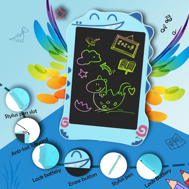 Detalle de Decute Dinosaur 8.5-inch LCD writing tablet for kids – blue doodle board with erase & lock