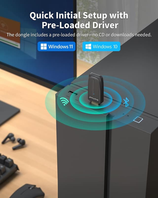 Detalle de BrosTrend 2-in-1 USB WiFi 6 + Bluetooth 5.4 Adapter (AX900) for PC — dual-band Wi‑Fi and multi-device Bluetooth