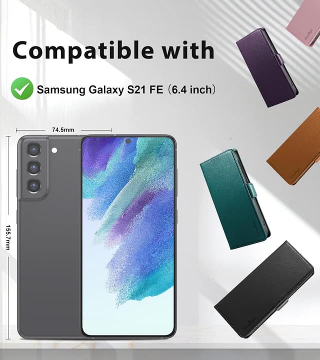 Detalle 2 de Yunubeyii Handyhülle für Samsung Galaxy S21 FE mit RFID-Blocker, Kartenfächern und Klapphülle-Ständer – grün