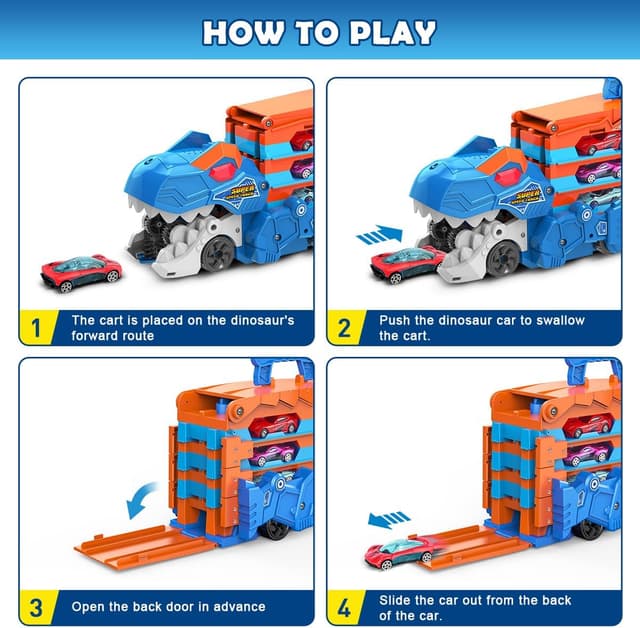 Detalle 2 de VATOS 2-in-1 Dinosaurier-Transporttruck mit Klapp-Track und 8 Rennautos – Trägerfahrzeug-Spielset für Kinder (ca. 3–5 Jahre)