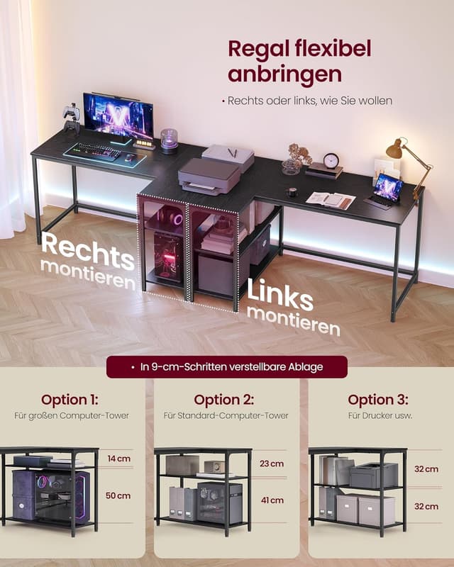 Detalle de VASAGLE LWD136BE01 Eckschreibtisch in L-Form (120 x 80 cm) mit Stauraum und höhenverstellbarer Ablage