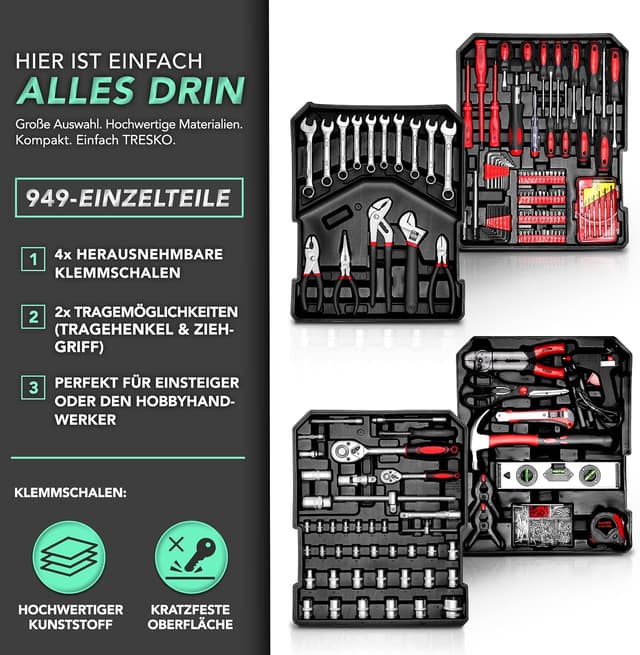 Detalle 2 de TRESKO Werkzeugkoffer 1400-teilig mit Trolley & Chrom-Vanadium-Stahl (silber)