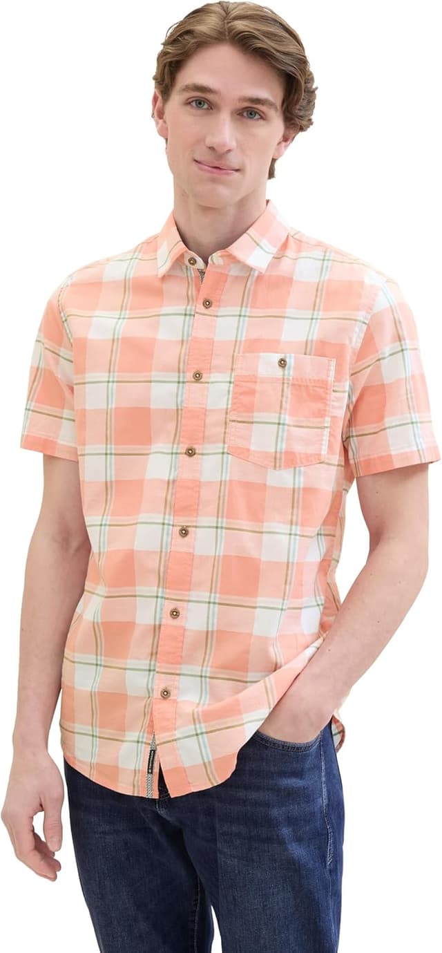 Detalle de TOM TAILOR Camicia Uomo a quadri con taschino e manica corta