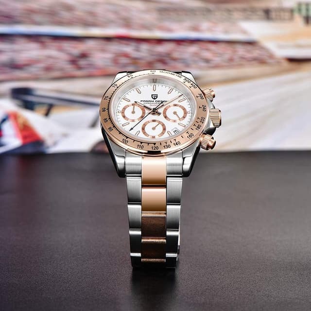 Detalle de Orologio TYBERLEY Pagani Design Classic da uomo con cronografo al quarzo VK63, ghiera ceramica e cinturino in gomma