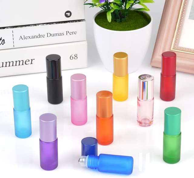 Detalle de Moosono Roll-on Flaschen Set (leer) 5 ml, 10 Stück Glas mit Edelstahl-Roller, Öffner, Tropfer & Aufklebern