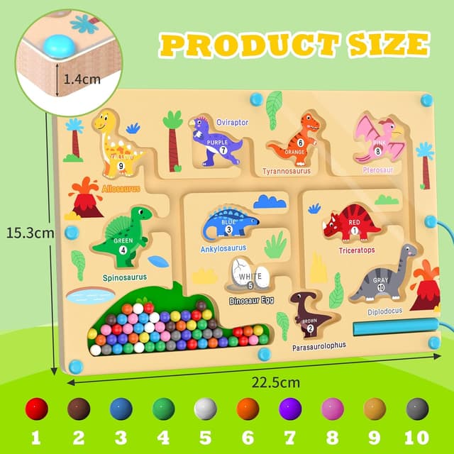 Thumbnail 6 de Giochi Montessori dinosauro labirinto magnetico in legno con numeri 1–10 e 55 perline colorate