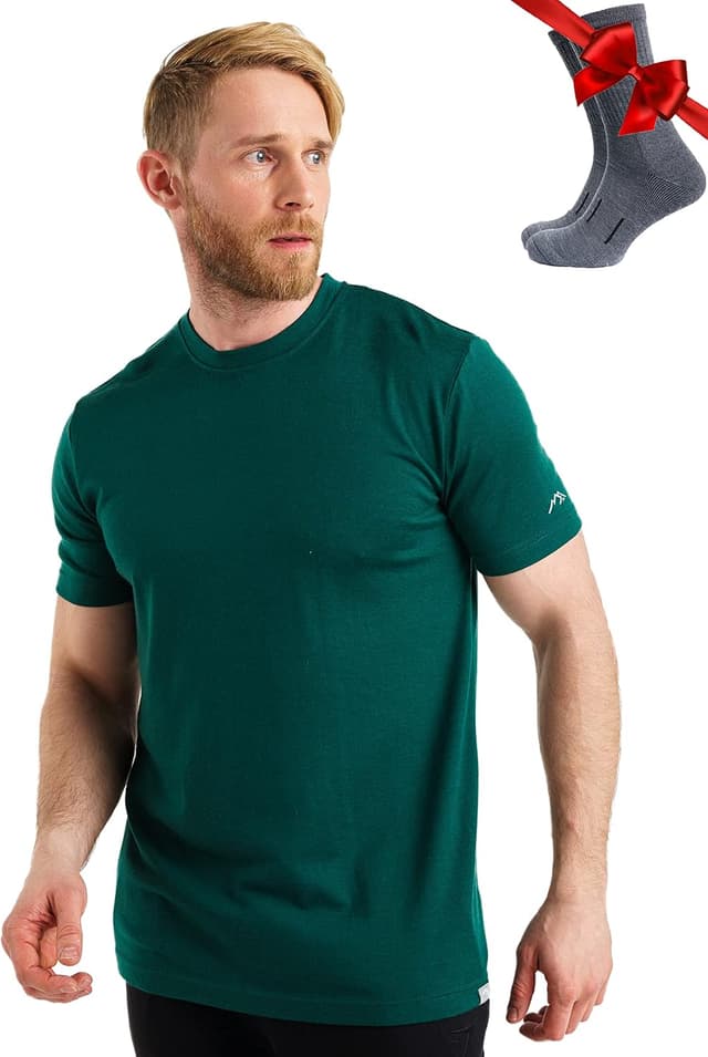 Detalle de Premium Merino Shirt Herren Kurzarm (Thermooberteile) + Wanderwollsocken – 100% Merino