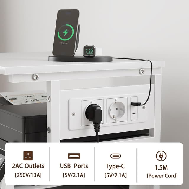 Detalle de OYRREU 3-stufiger Druckertisch mit Steckdose & USB, rollender Druckerständer für Heimbüro