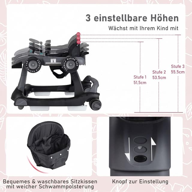 Detalle de COSTWAY 4-in-1 Lauflernhilfe (dunkelgrau) mit klappbarem Lauflernwagen, Musikbox, Licht & Rädern – für ca. ab 6 Monaten, bis 12 kg