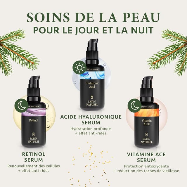 Detalle de Satin Naturel Coffret Cadeau Premium pour Femme – 3x30 ml Sérums Visage Vegan (Acide Hyaluronique, Rétinol, Vitamines ACE)
