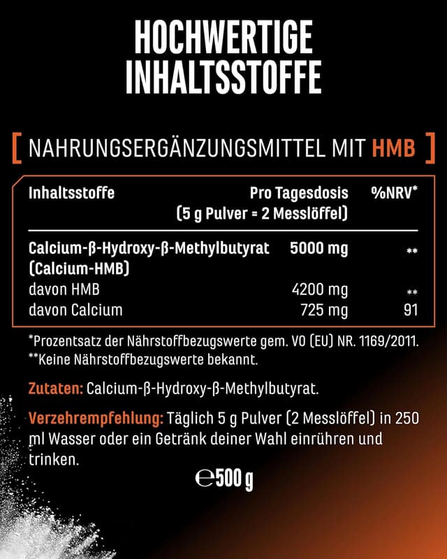 Detalle 2 de HMB Pulver 500 g (Calcium-HMB) – 100 Portionen, vegan, ohne Zusätze