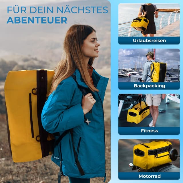 Detalle 2 de STYNGARD Reisetasche wasserdicht mit Rucksackfunktion „Hamburg“ (60 l) – 3in1 Duffle Bag, gelb