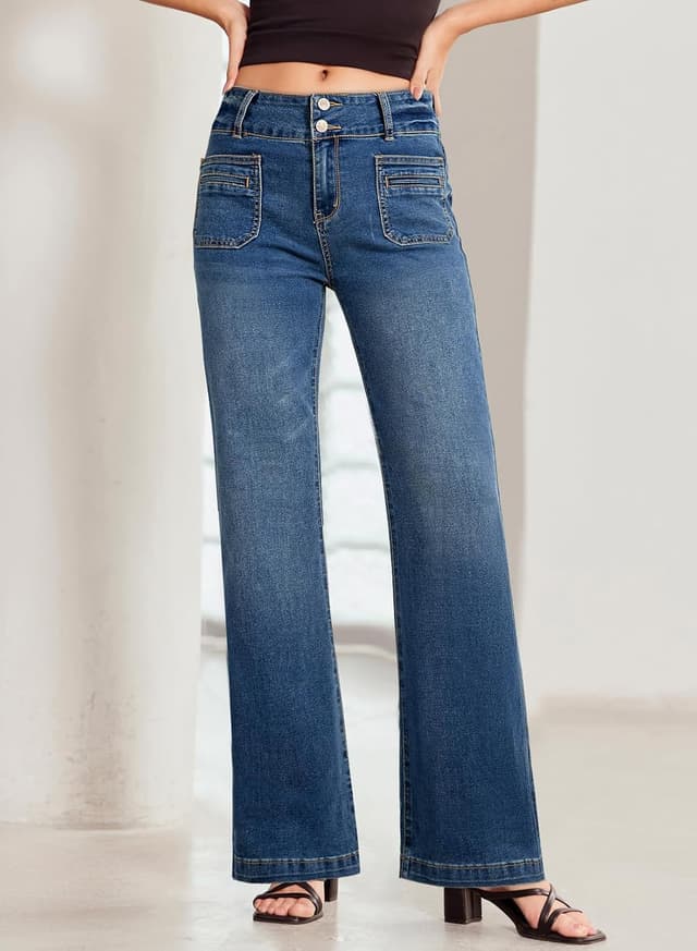 Detalle de Sidefeel Women’s High-Waisted Wide Leg Jeans with Tummy Control and Front Pockets