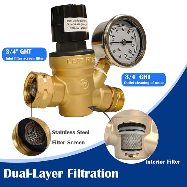 Detalle de Hourleey RV Water Pressure Regulator (Adjustable Handwheel, Brass) with Gauge & Inlet Screen Filter