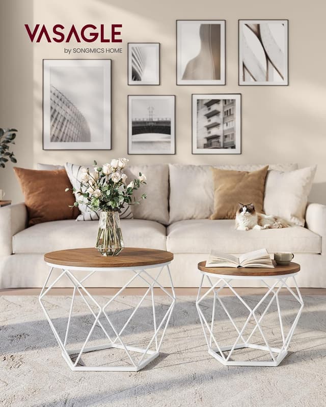 Detalle 2 de VASAGLE Couchtisch rund im 2er-Set (abnehmbare Tischplatte) LET040K41 – honigbraun/wolkenweiß