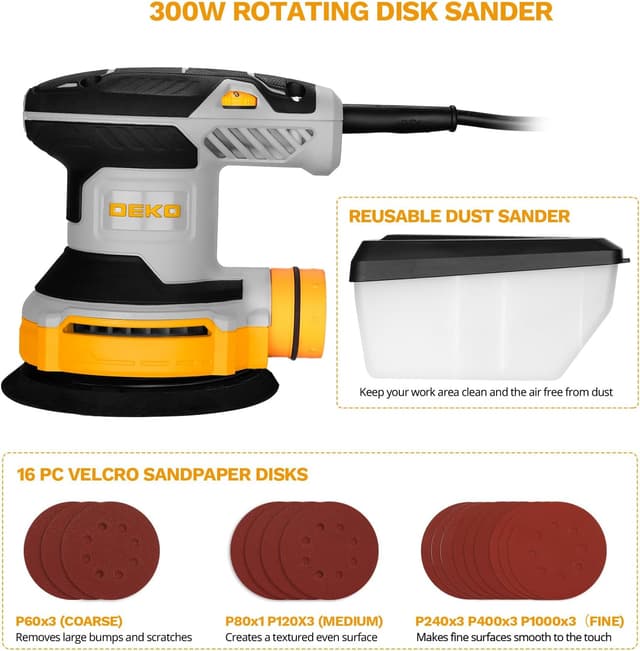 Thumbnail 2 de DEKOPRO 300W Random Orbit Sander (125mm) with Variable Speed & 16 Sandpaper Set