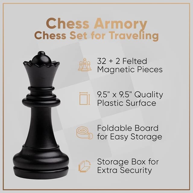 Detalle de Chess Armory Magnetic 9.5-Inch Travel Chess Set with Folding Board, Storage Box & 2 Extra Queens