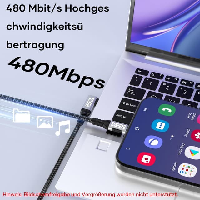 Detalle de USB-C-auf-USB-C-Kabel 3 m (90°) 240 W PD 3.1, 48 V/5 A, Nylon geflochten – für Schnellladen & Daten (PD 3.1, 480 Mbit/s)