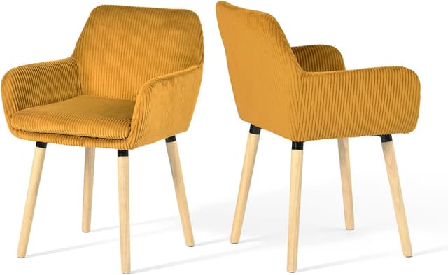 Detalle de MEUBLE COSY set di 2 sedie da pranzo scandinave in velluto a coste giallo con braccioli e gambe in legno massello
