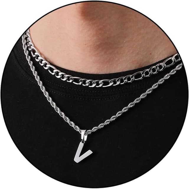 Detalle de Rajputana Layered Initial A-Z Letter Necklace in Stainless Steel (18–20" Figaro & Rope Chain)