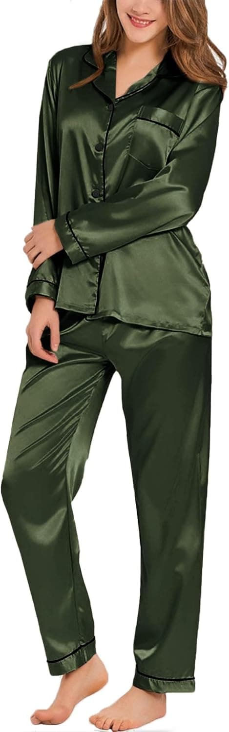 Detalle de SWOMOG Satin Damen-Schlafanzug mit Knopfleiste, Langarm-2-teiliges Pyjama-Set