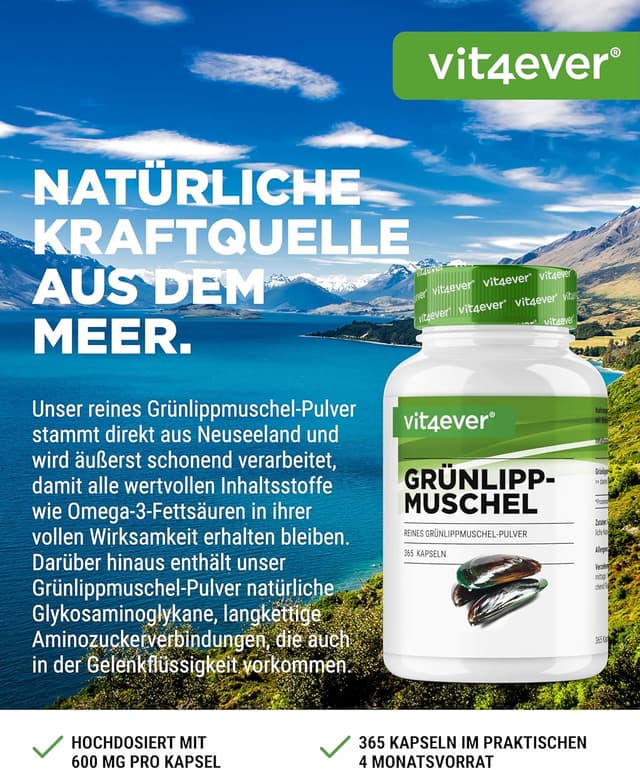 Detalle 2 de vit4ever Grünlippmuschel 365 Kapseln 💊