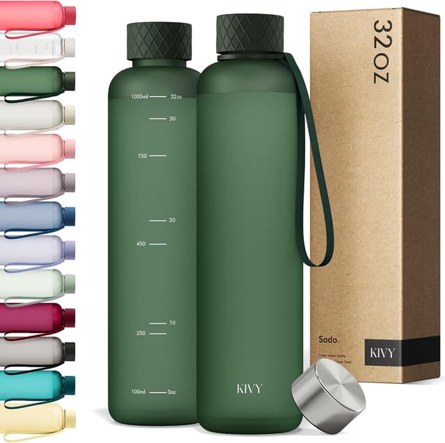 Detalle de KIVY Slim Water Bottle 32oz (Lightweight & Shatterproof) — Dark Green, Screw Top, Dishwasher Safe