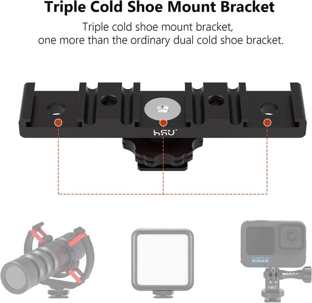 Detalle 2 de HSU Hot Shoe Adapter Bracket – Triple cold shoe extension mount for flashes, mics and LED lights