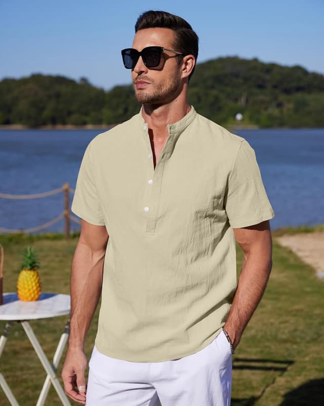 Detalle de YAOBAOLE Chemise Lin Homme à Manche Courte Henley col mao