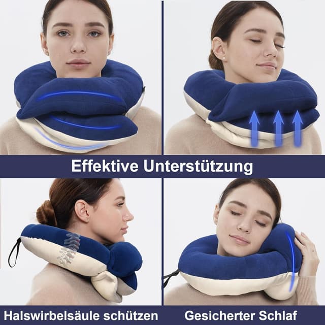 Detalle de BUYUE Reise-Nackenkissen für Flugzeuge mit 360° Kopf-/Kinnstütze, Set inkl. Augenmaske & Ohrstöpsel (blau)
