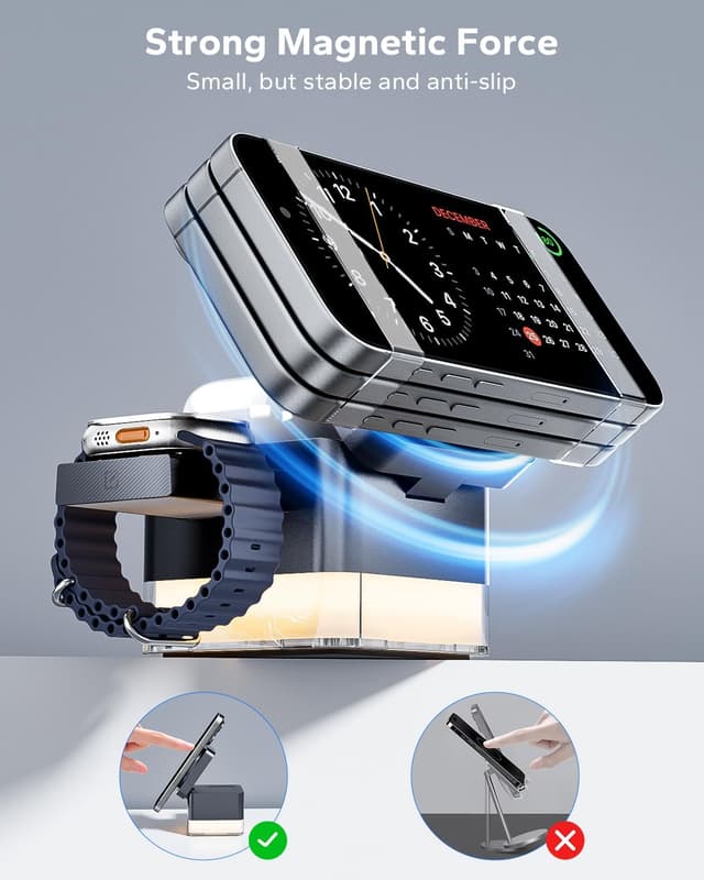 Detalle 2 de KPON Nightstand Charging Station (15W) — 3-in-1 MagSafe Wireless Charger Stand with Night Lamp