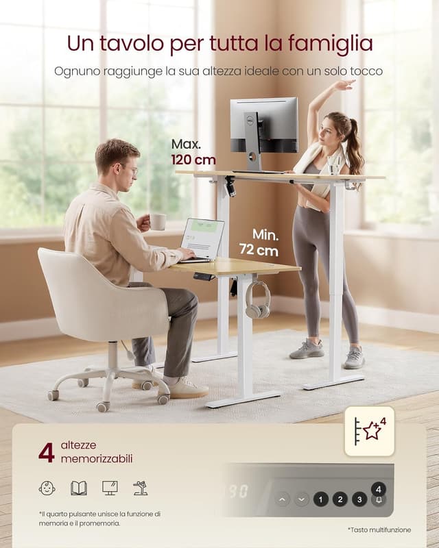 Detalle de VASAGLE Scrivania regolabile in altezza elettrica con memoria (4 altezze) LSD310YA03, 100 x 60 cm