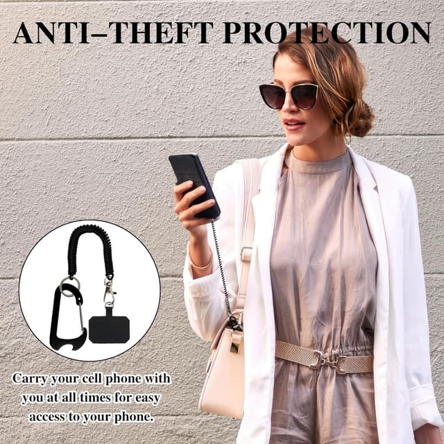 Detalle de RRICHH lot de 2 cordons téléphone portable universels antivol avec mousqueton et patchs, noir