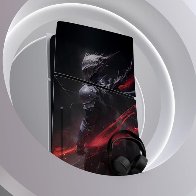 Detalle 2 de playvital Full Set Skin Stickers for PS5 Slim Disc Edition (Abyss Knight) – vinyl decals for console, controller, charging station, headset & media remote