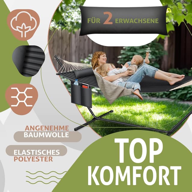 Detalle de KESSER® Hängematte Hill mit Gestell, Kissen & Doppel-Hängesessel für 2 Personen (bis 200 kg), Anthrazit
