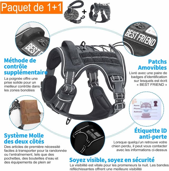 Detalle de Haapaw Harnais tactique robuste pour grands chiens (sans traction) avec réglages et bandes Molle