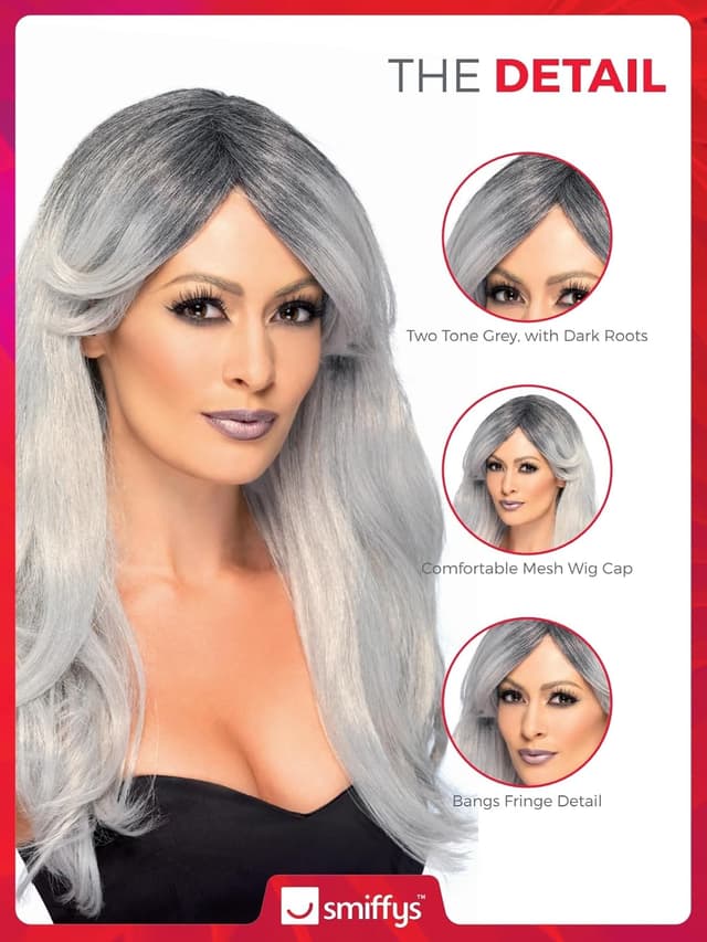 Detalle de Ghostly Glamour Perücke – gespenstischer Glamour Look in Grau für Halloween & Motto-Events
