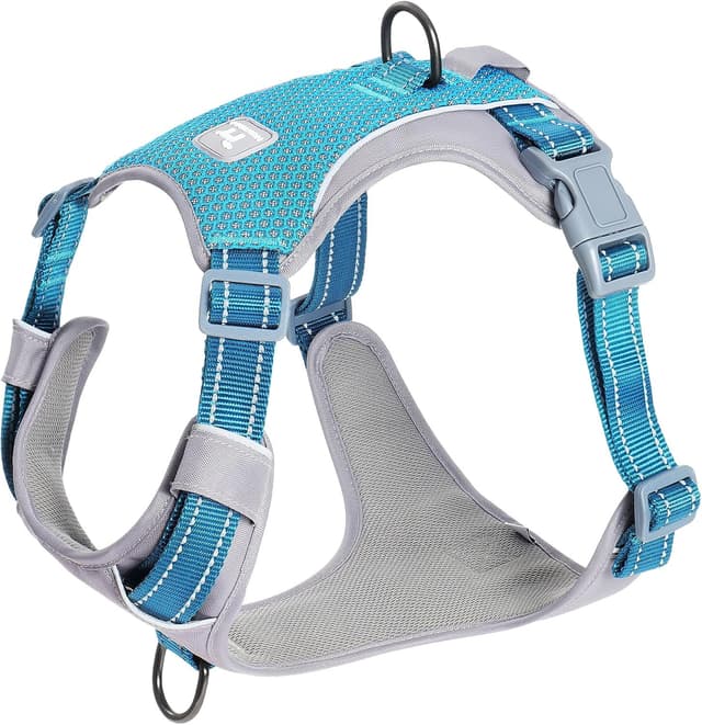 Detalle de Huntboo Anti-Zug Hundegeschirr mit Reflektoren, 2 Leinenclips und Verstellung (Blau, M)