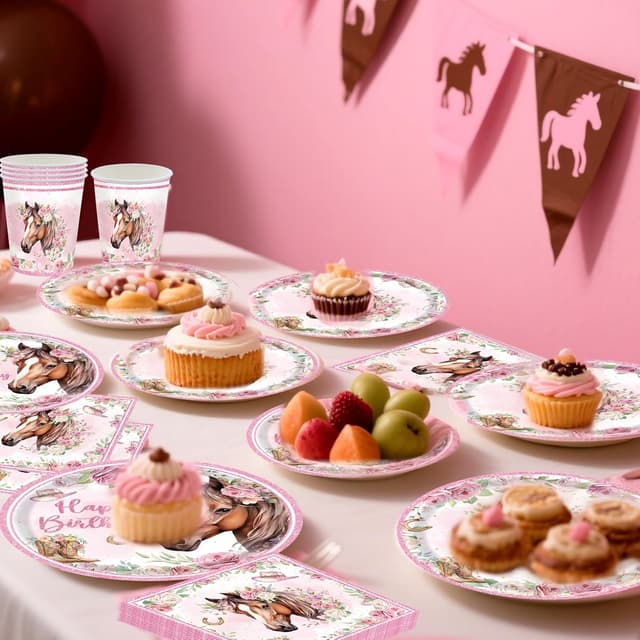 Detalle de Pferd Partygeschirr Set für 10 Gäste – Pferde-Geburtstag Deko mit Papptellern, Tassen & Servietten