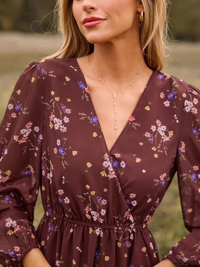 Detalle de Cupshe abito autunnale in chiffon da donna mini a trapezio con maniche lunghe a sbuffo e scollo a V