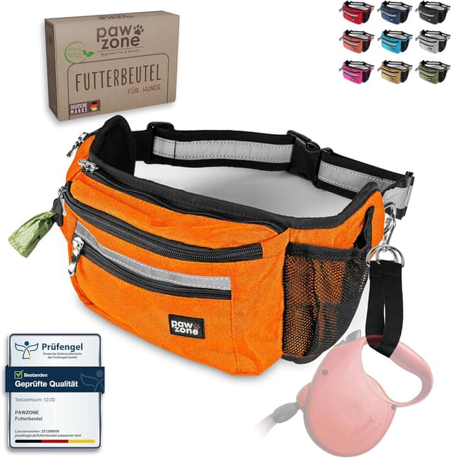 Detalle de PAWZONE Leckerlibeutel für Hunde mit Bauchtasche, reflektierendes Band & Zusatzgurt (Neon Orange)