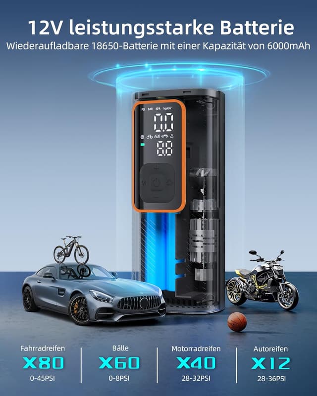 Detalle 2 de EBOSSOM Mini Luftkompressor 10 bar mit 6000 mAh Akku – tragbare Luftpumpe für Auto, Motorrad & Fahrrad