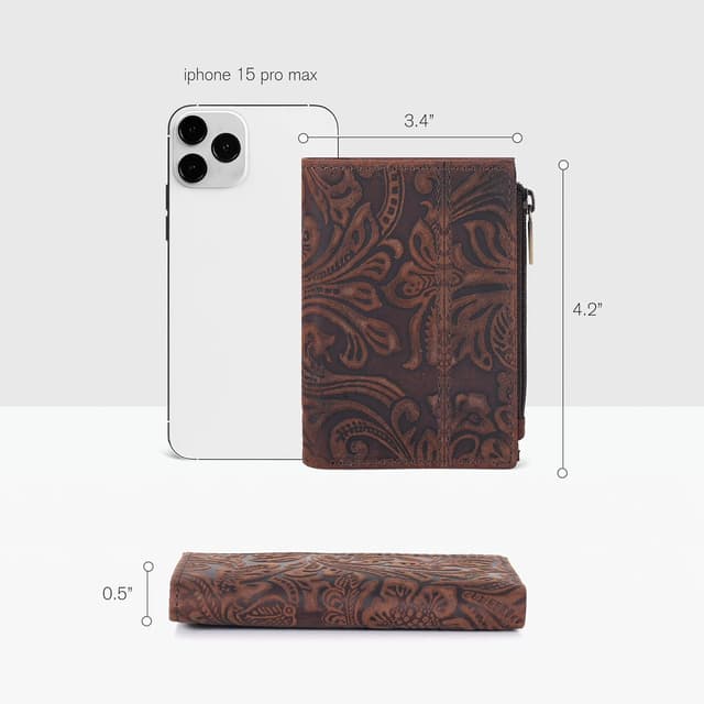 Detalle 2 de Oak Leathers RFID Wallet for Women in Full Grain Leather (Crazy Horse Brown Flower) – Small Bifold Coin Purse