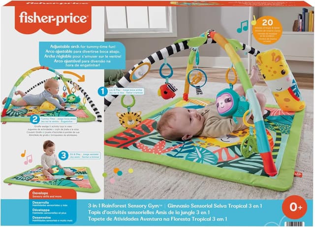 Detalle de Fisher-Price 3-in-1 Rainforest Spieldecke (HJW08) – Baby-Gym, Spielmatte & sensorisches Spiel