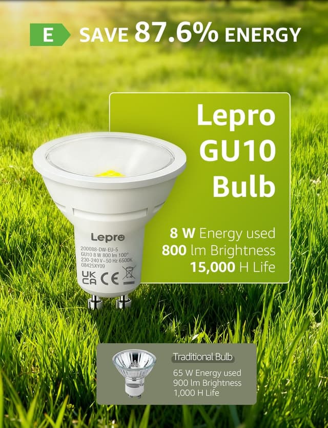Detalle de Lepro GU10 LED Bulbs (Cool White 6500K, 800lm, 8W) – 5 Pack, 100° wide beam, non-dimmable