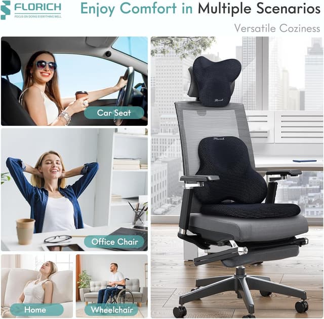 Detalle 2 de FLORICH Car Seat Cushion and Lumbar Support Pillow Set (Memory Foam) for Office Chair, Car, and Wheelchair – Black