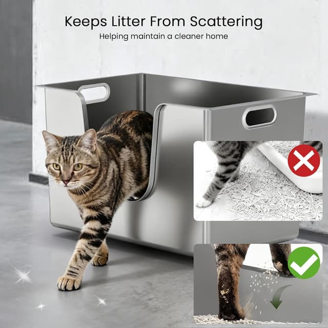 Detalle de PTLOM Stainless Steel Cat Litter Tray (High Sides, Low Entry) with Wheels – L 58x38x30cm
