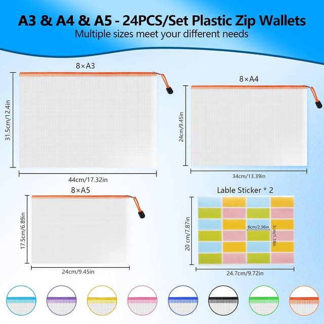 Detalle 2 de Plastic Wallets Zip Lock Bags (24PCS) – A3/A4/A5 Waterproof PVC Document Pockets in 8 Colours